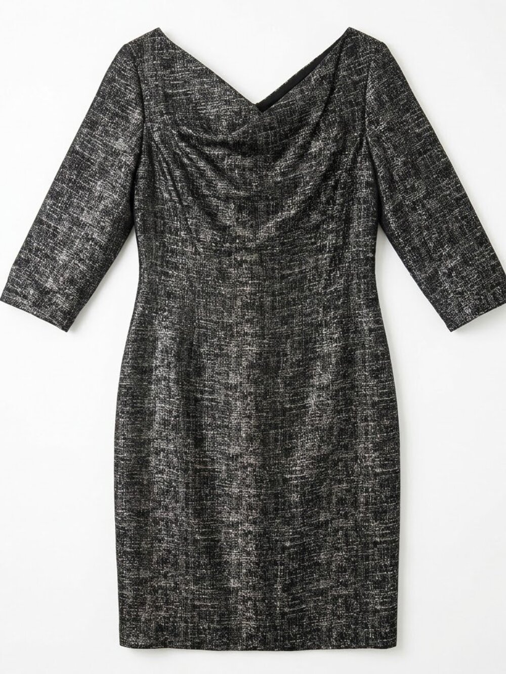 Isabella DeMarco Size 8 Metallic Sheath Dress Cowl Neck 3/4 Sleeve Grey Cocktail